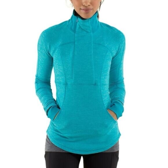 Lululemon base runner Mini Check Pique Surge Heathered Turquoise Pullover Sz 6 - Picture 2 of 16